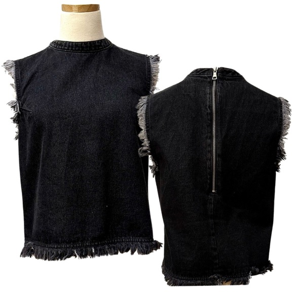 GAP Crop Denim Top with Raw Edge Sleeve, Hem & Zipper Back in Black Wash — S - Picture 2 of 10